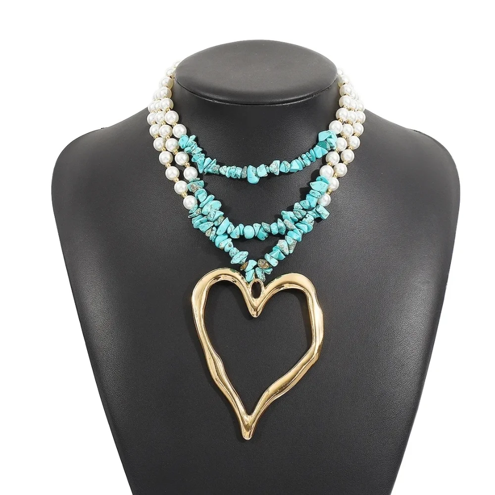 Heart Necklace Gold Pendant Turquoise and Pearl Strands - Picture 5 of 15